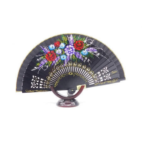 Abanico, mediano, doble cara, de madera, decorado flores. 027