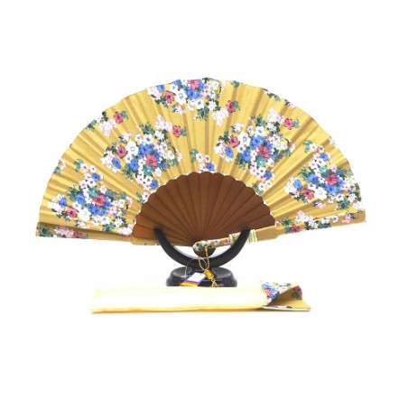 Abanicos originales, seda y algodón, estampado beige con flores, 065