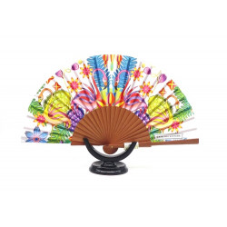 Abanico originales, mediano, de madera de cerezo, elegante flamingo , peso muy ligero, seda-algodón. 069