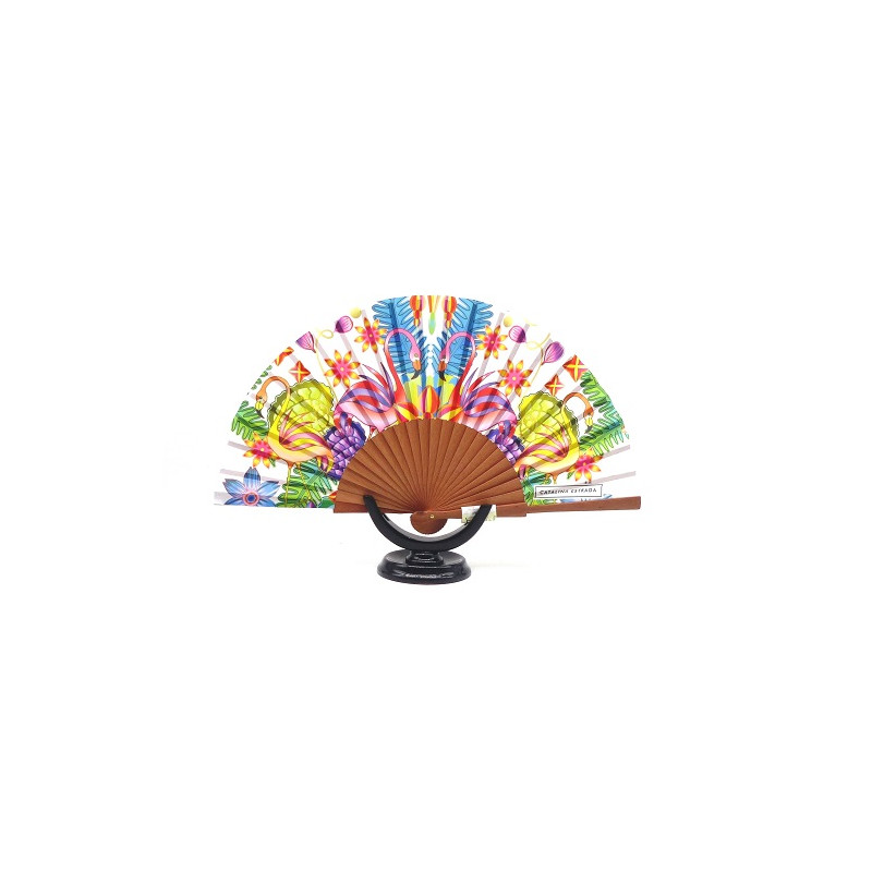 Abanico originales, mediano, de madera de cerezo, elegante flamingo , peso muy ligero, seda-algodón. 069