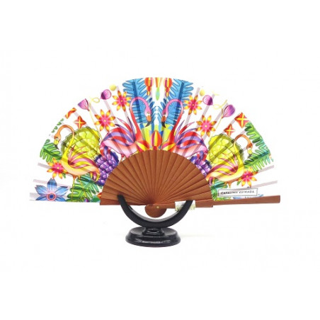 Abanico originales, mediano, de madera de cerezo, elegante flamingo , peso muy ligero, seda-algodón. 069