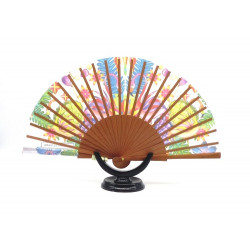 Abanico originales, mediano, de madera de cerezo, elegante flamingo , peso muy ligero, seda-algodón. 069
