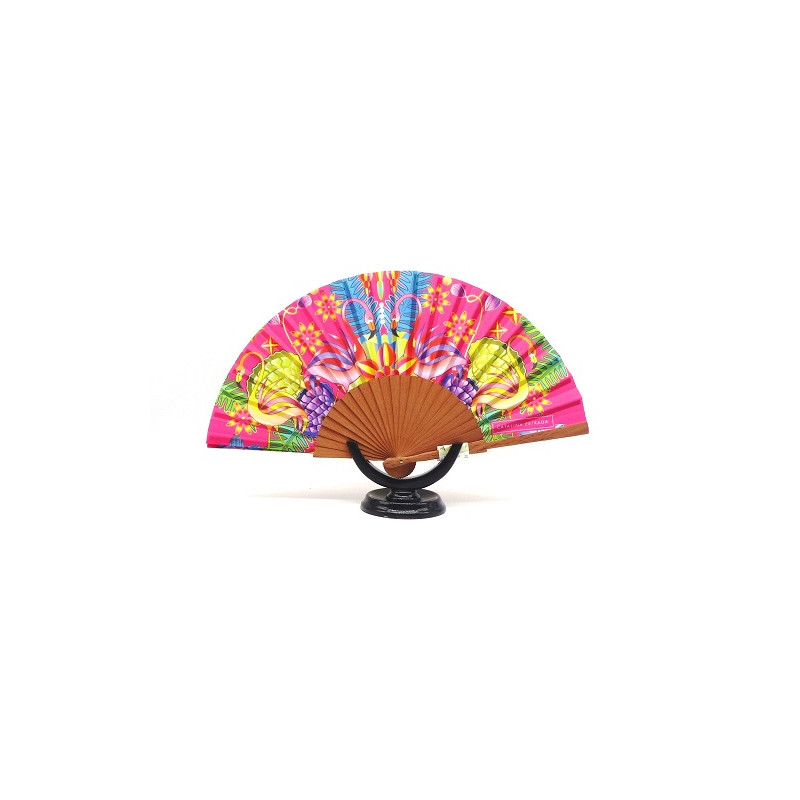 Abanico originales, mediano, de madera de cerezo, elegante flamingo , peso muy ligero, seda-algodón. 069