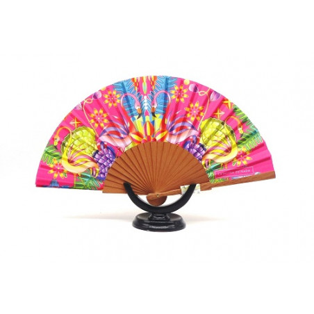 Abanico originales, mediano, de madera de cerezo, elegante flamingo , peso muy ligero, seda-algodón. 069