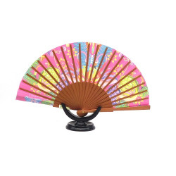 Abanico originales, mediano, de madera de cerezo, elegante flamingo , peso muy ligero, seda-algodón. 069